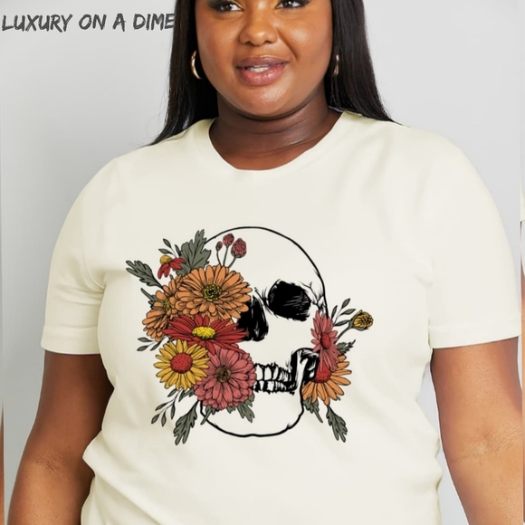 100% Cotton Bright Colorful Floral Skull Graphic Short-sleeve Tee Shirt Ivory - Picture 3 of 10